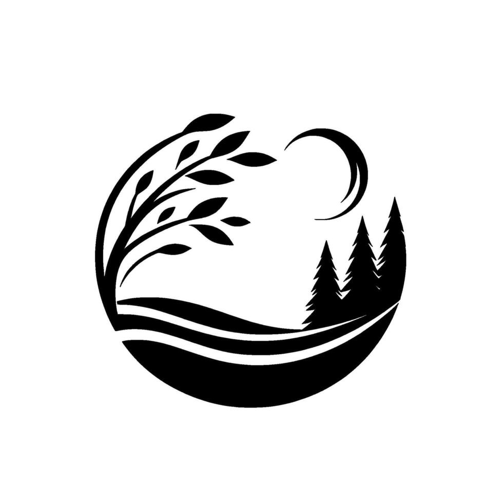 A minimalist black and white nature scene within a circular frame, showcasing a tree, rolling hills, pine trees, and a crescent moon. vector