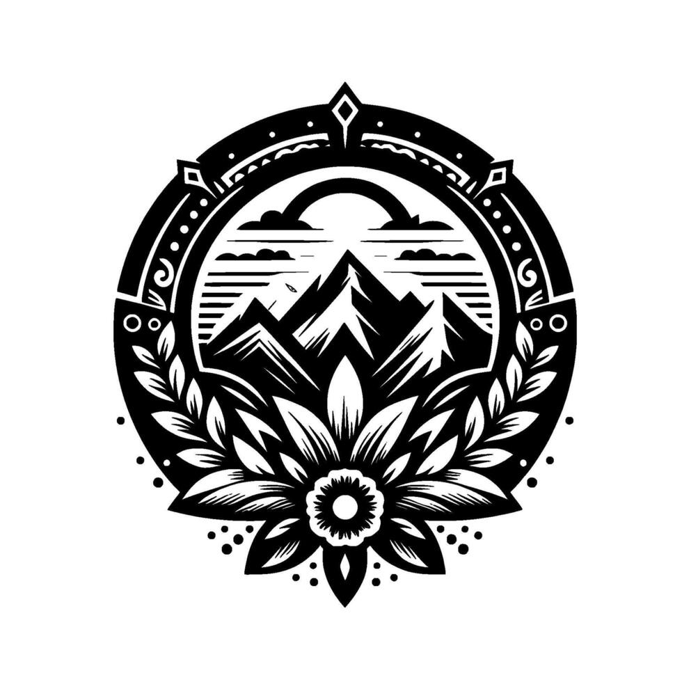 Black and white circular emblem depicting mountain peaks, a stylized rainbow, clouds, floral and leaf elements, and a decorative border. vector