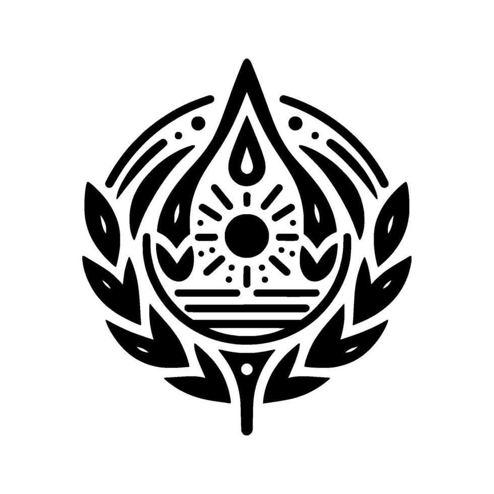 Elegant Black and White Emblem A Stylized Sun and Water Drop Within a Laurel Wreath, Embodying Purity and Strength. vector