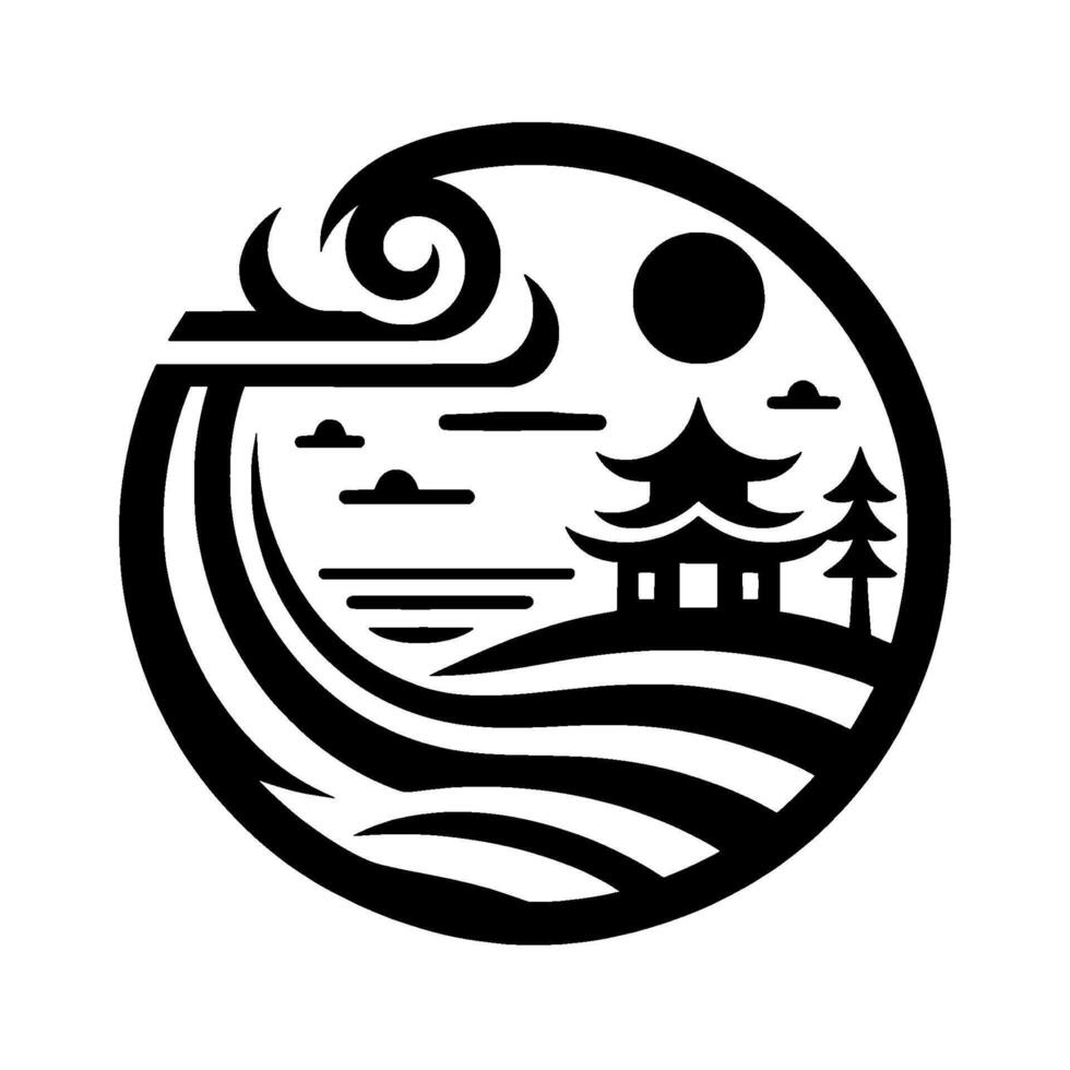 Black and white minimalist circular of an Asianinspired landscape featuring a pagoda, sun, clouds, sea, and trees. vector