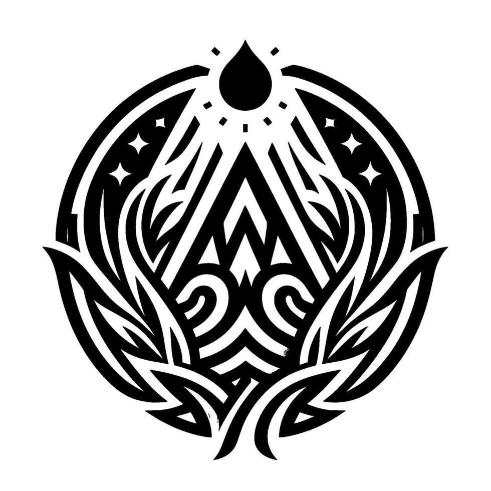 Intricate geometric black and white circular emblem, incorporating a stylized mountain, drop, rays, stars, and organic elements, symbolizing nature. vector