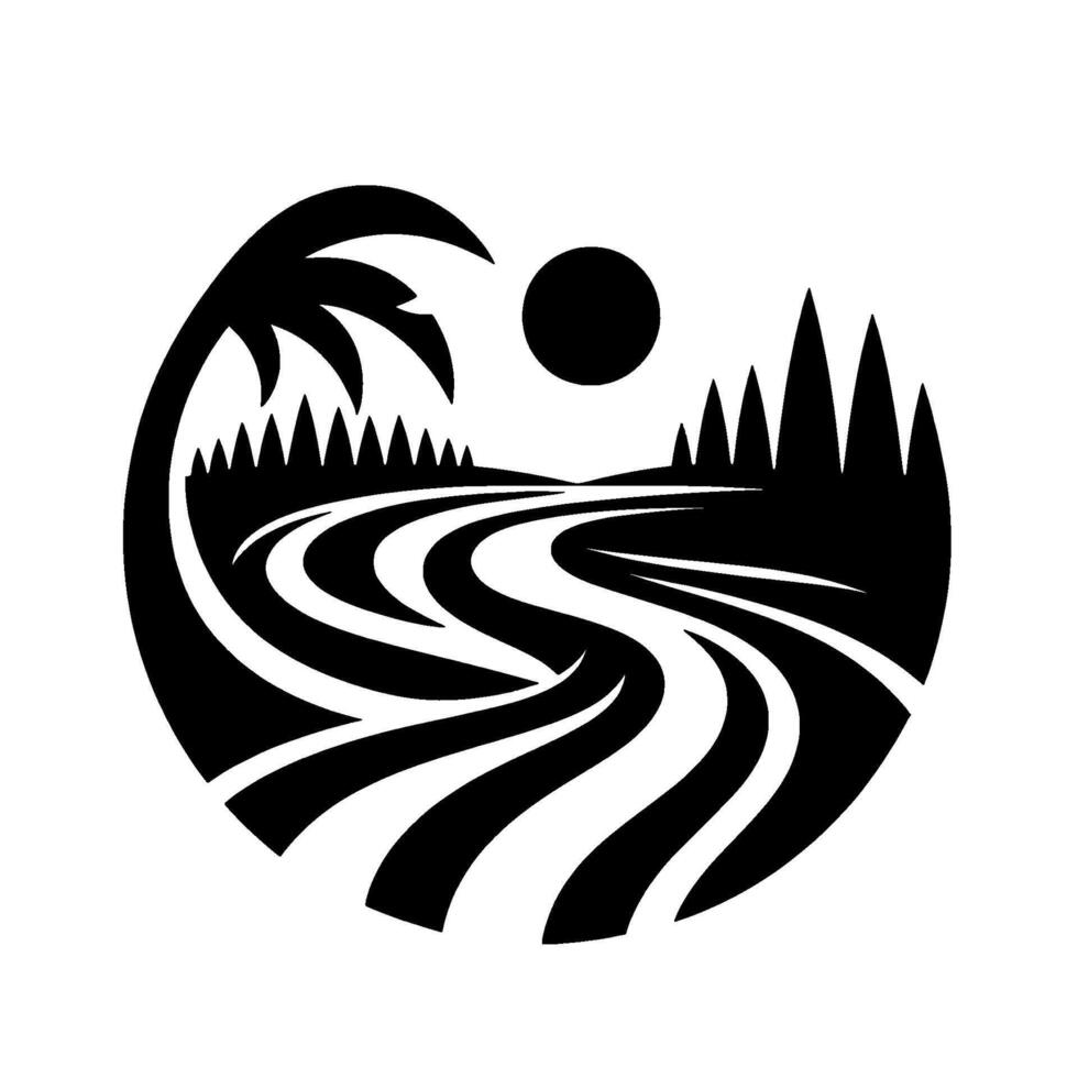 A stylized black and white circular landscape depicting a winding road through a forest, framed by a palm tree and sun. vector