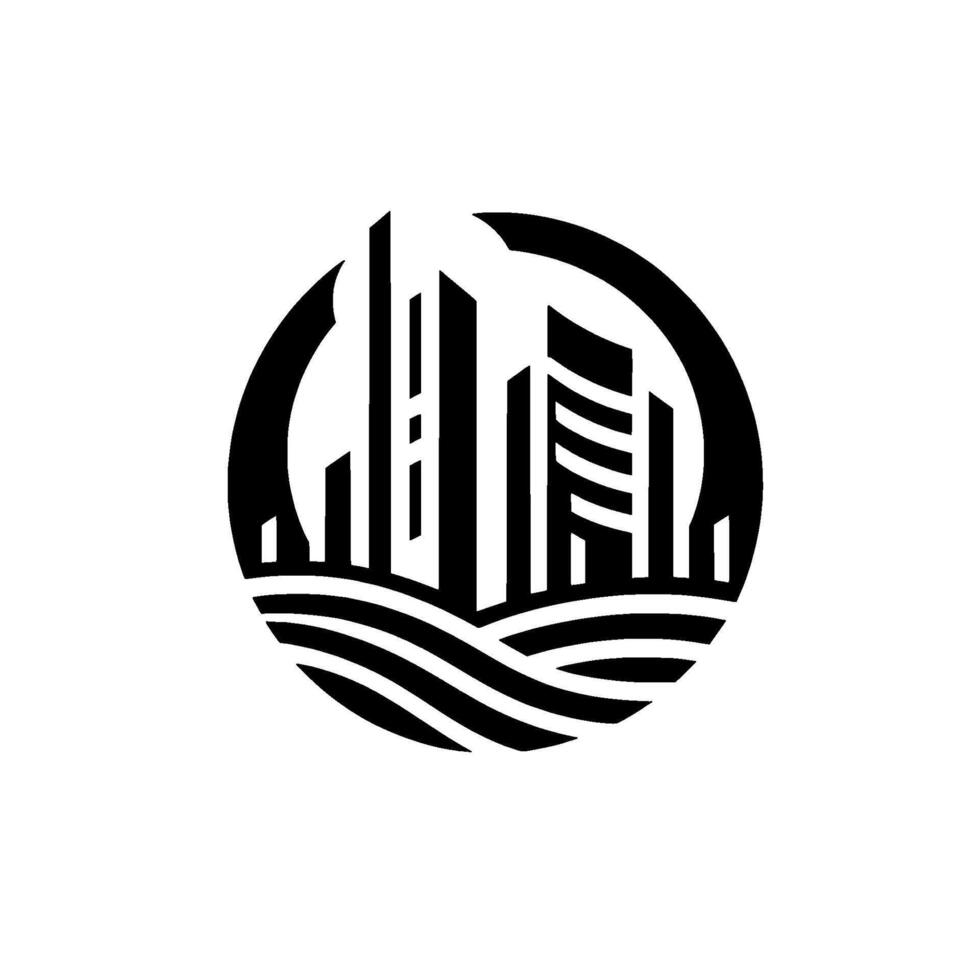 Abstract Black White Logo Cityscape within a Circle, Featuring Buildings and Waterlines, Modern Minimalist. vector