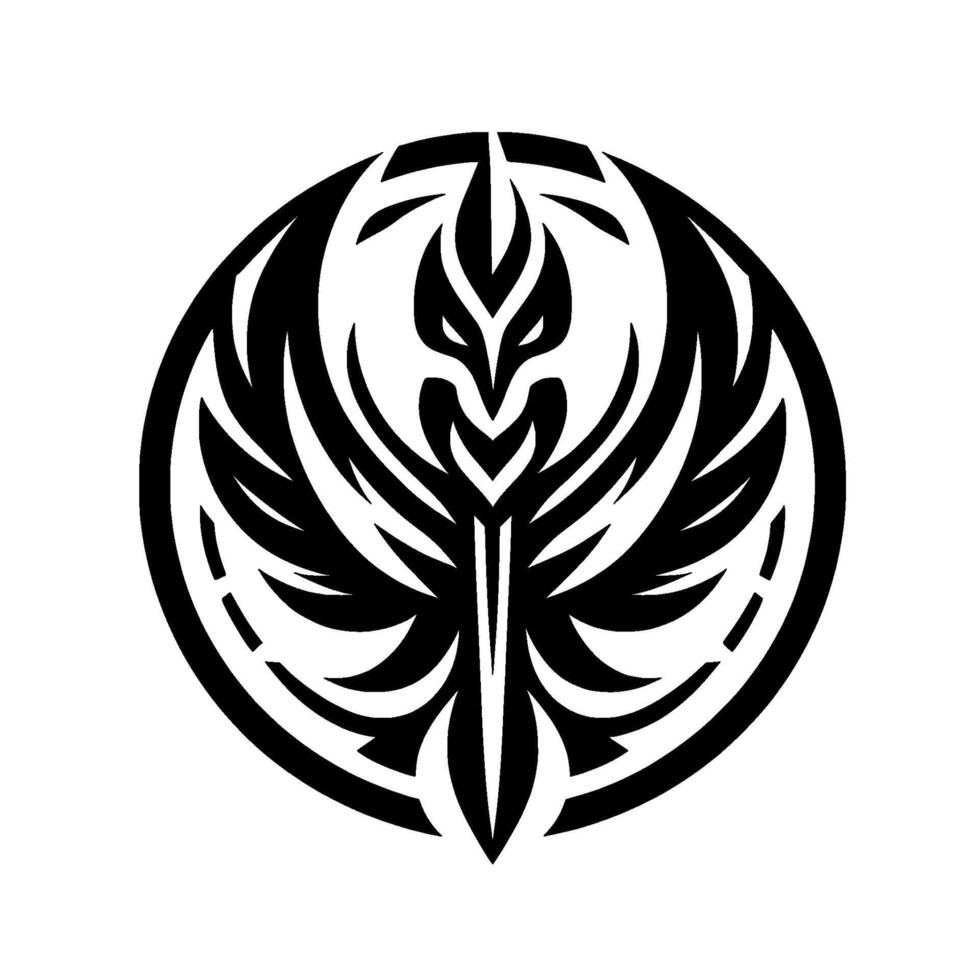 Intricate Black and White Circular Emblem Stylized Wings, Featherlike Details, Central Eye Motif, within Geometric Frame. vector