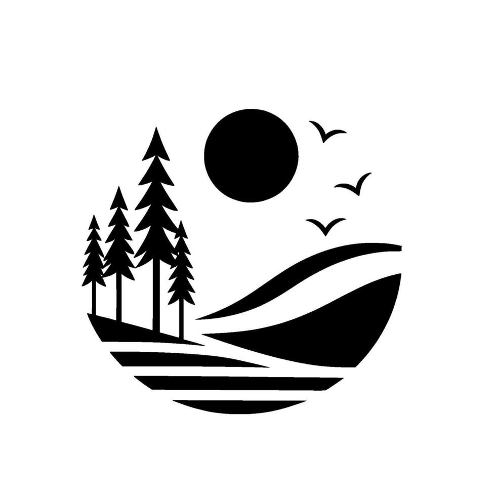 Minimalist black and white circular illustration featuring pine trees on a hill, sun, birds, and stylized landscape elements. vector