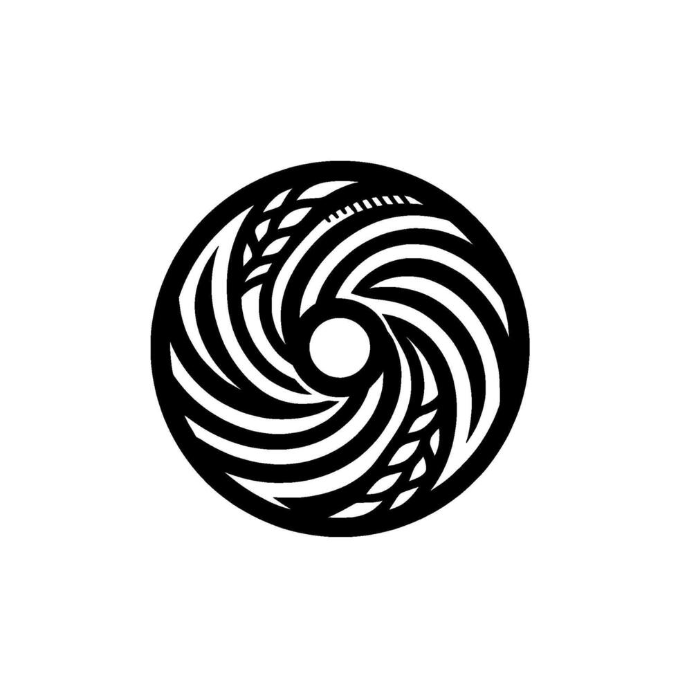 A minimalist, black and white circular featuring swirling lines and wheat stalks, creating a stylized symbol of movement and nature. vector