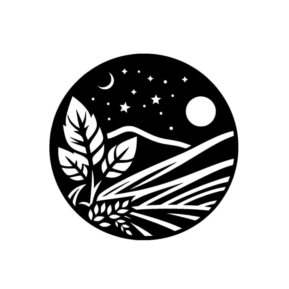 A serene, minimalist illustration of a night landscape inside a circle, featuring starry sky, moon, hills, wheat, and foliage. vector