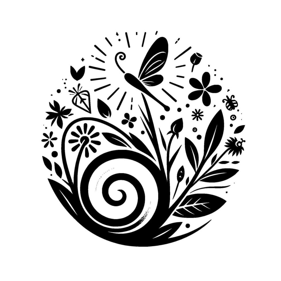 Silhouetted Dragonfly Surrounded by Flowers, Leaves, and a Spiraling Motif, in a Decorative Black and White Circular Composition. vector