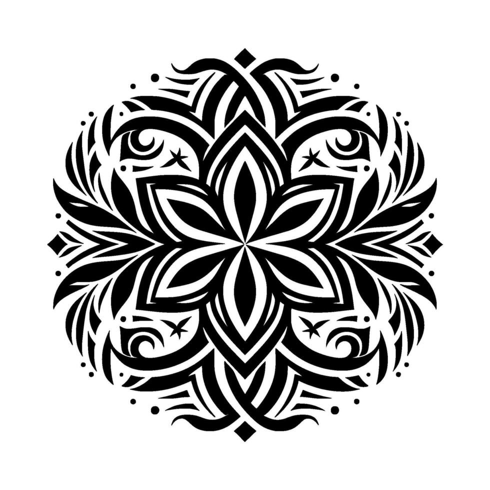 Intricate Black and White Mandala Design A symmetrical floral pattern with flowing lines, stylized leaves, and geometric accents, creating a harmonious and elegant circular composition. vector