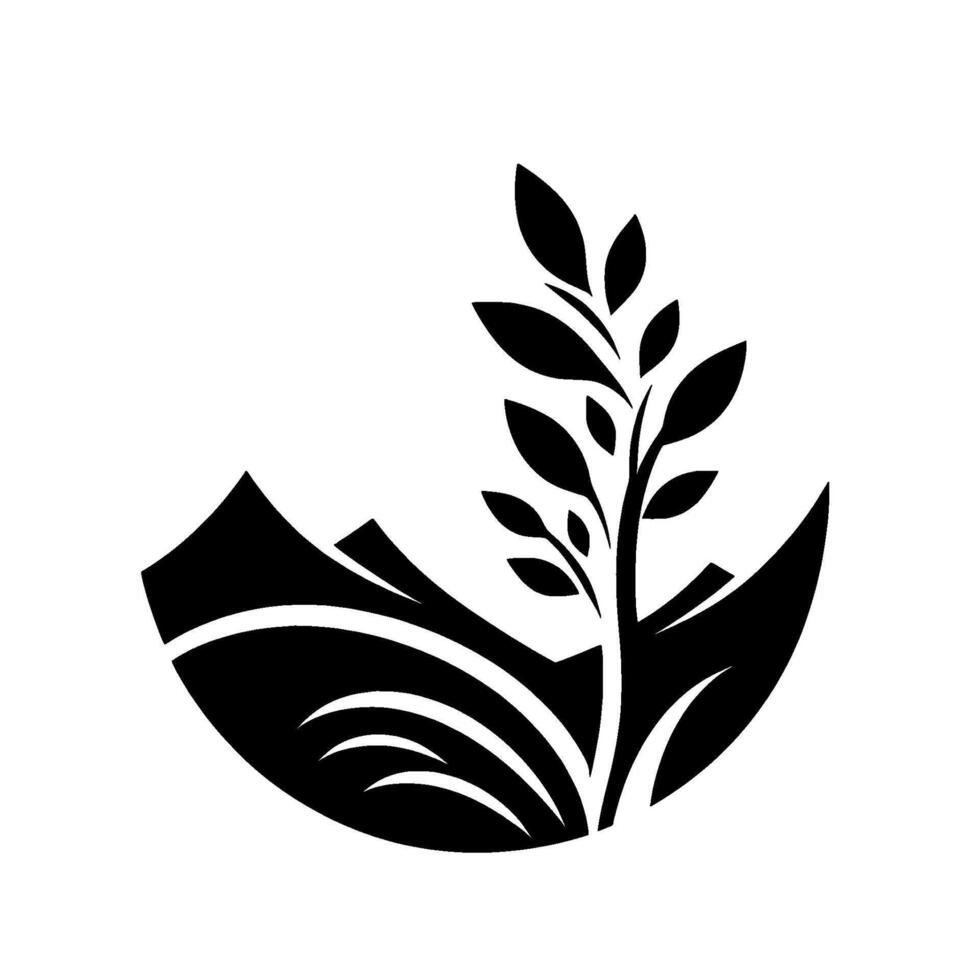 Black and white minimalist emblem, a plant with leaves growing from behind a mountain arc, evoking nature and growth. vector