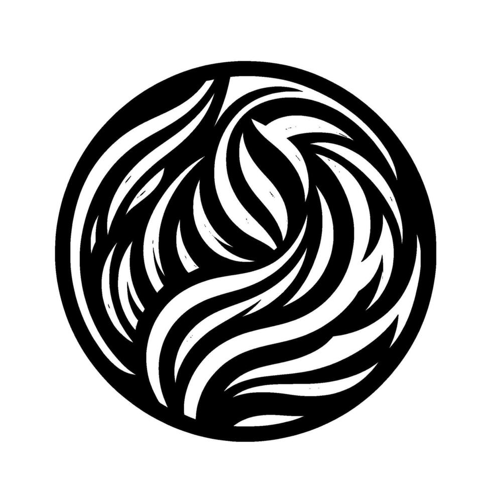 A swirling black and white composed of stylized, curved strokes arranged within a circular frame, creating a dynamic, abstract pattern with a strong visual impact. vector