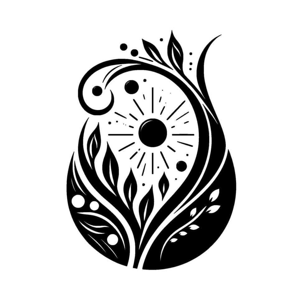 Black and white botanical illustration featuring a stylized sunburst encircled by organic, flowing shapes like leaves and tendrils, creating a sense of growth and energy. vector