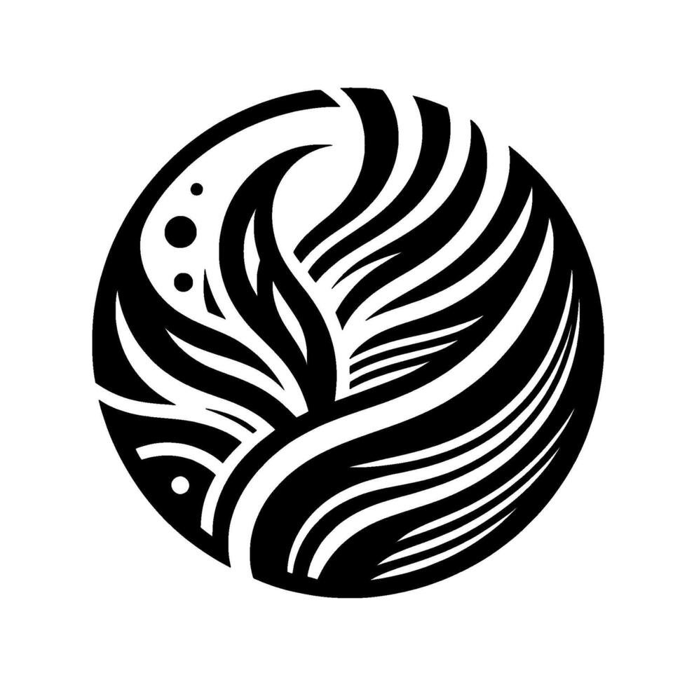 A black and white stylized circular featuring organic, flowing shapes resembling leaves and stylized abstract elements within a clean, minimalist composition. vector