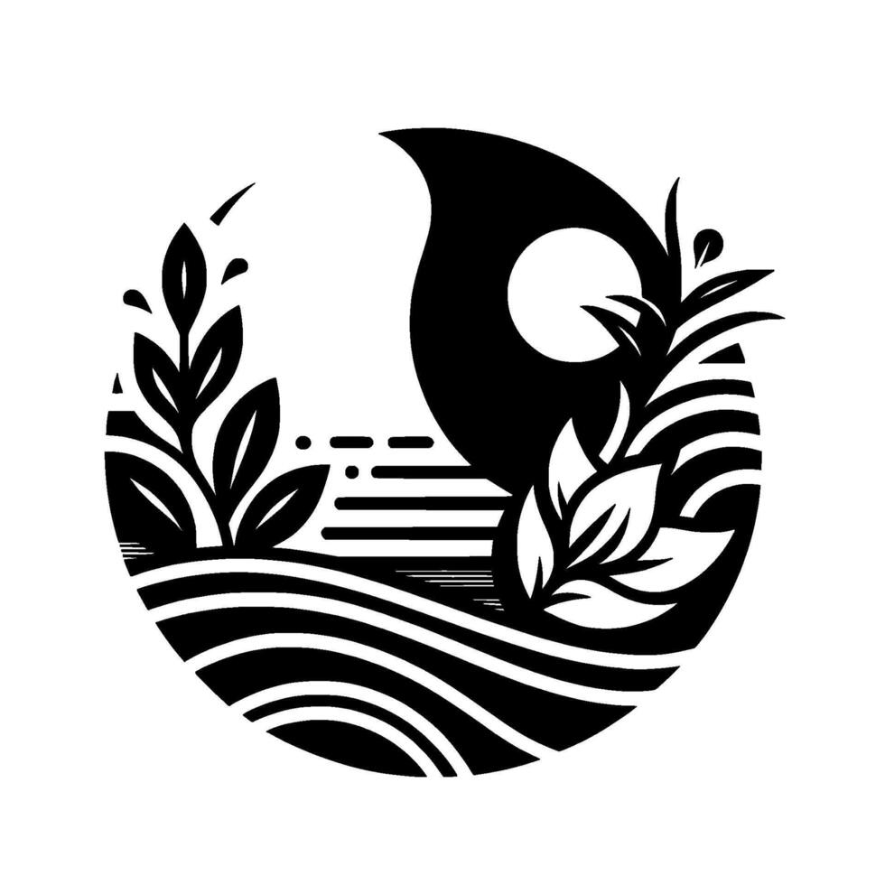 YinYang in a Circle Tranquil Black and White Illustration Featuring Foliage, Sun, and Water Elements, Evoking Harmony and Balance. vector