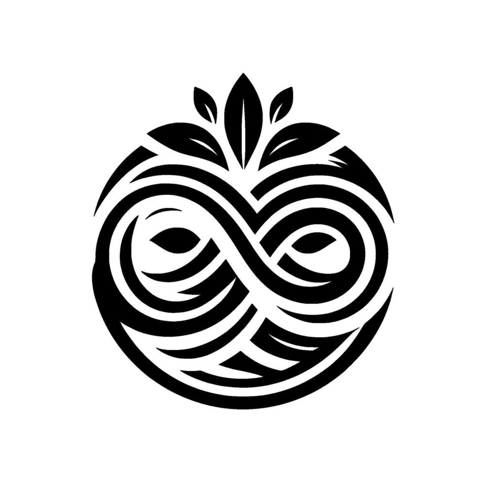 Stylized black and white circular featuring an infinity symbol intertwined with organic leaf elements, evoking balance. vector