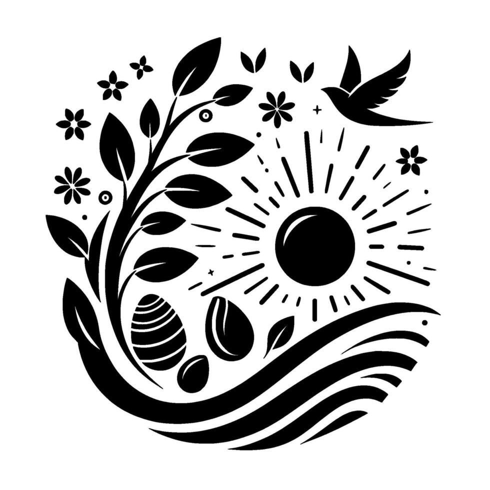 A minimalist black and white depicting Easter elements sun, eggs, bird, branches, flowers, and stylized water. vector