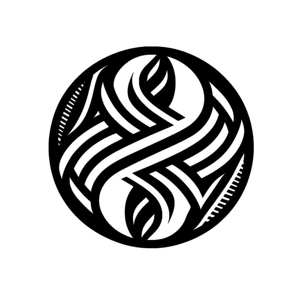 Intricate black and white symmetrical design a circular pattern of interwoven ribbons and lines, evoking balance and harmony. vector