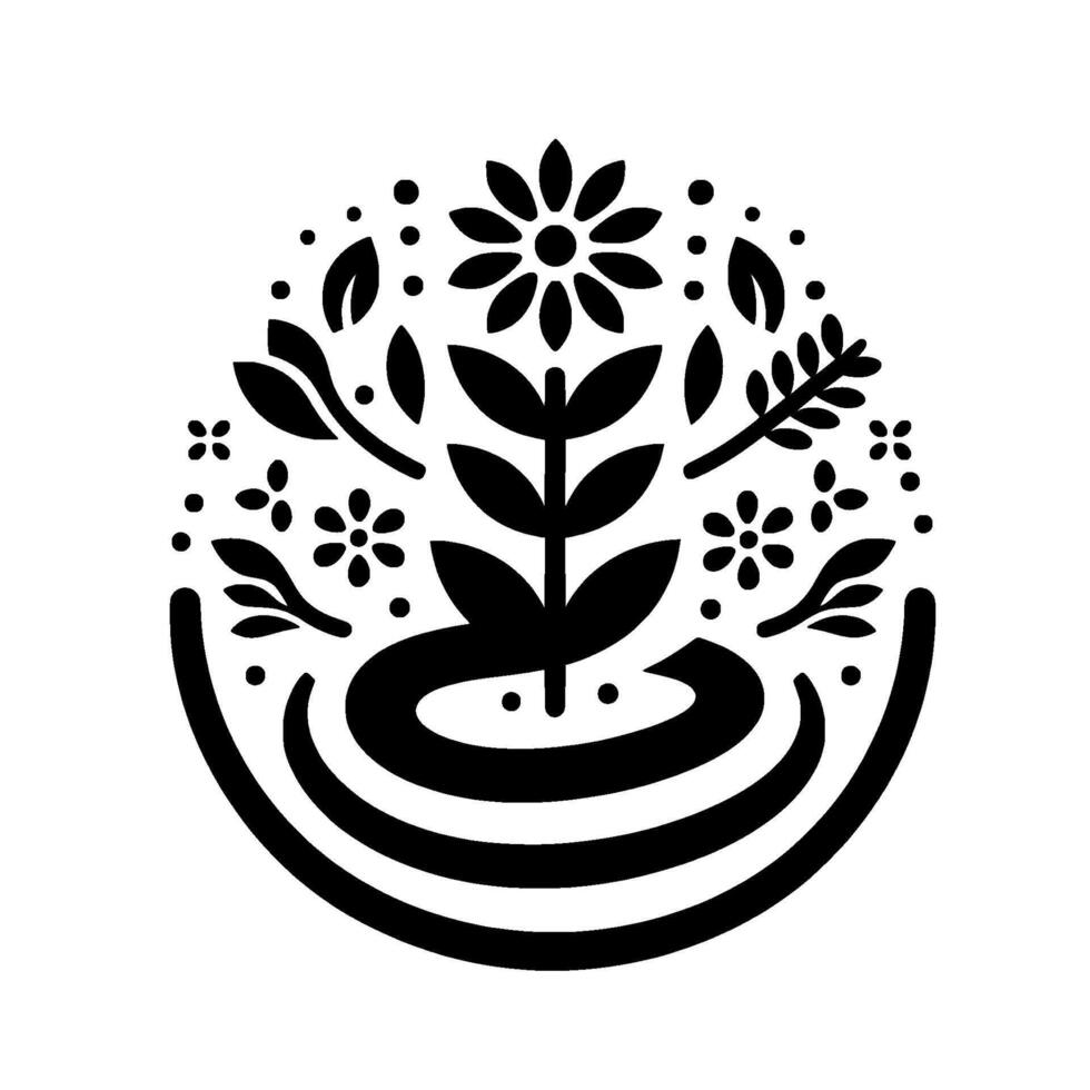 A symmetrical black and white floral enclosed in a semicircular shape, with stylized flowers, leaves, and a central plant, evoking a sense of harmony. vector