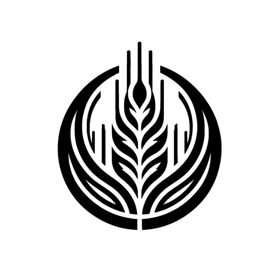 A minimalist black and white featuring a stylized wheat stalk encircled by a ring, representing harvest, abundance, and possibly a brand symbol. vector
