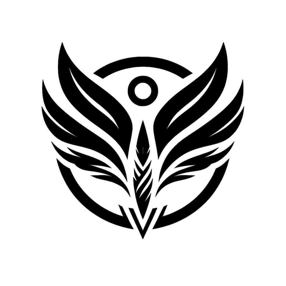 Bold Black and White Winged Crest, Geometric with Circle, Feathered Details, Symbol of Protection and Strength. vector