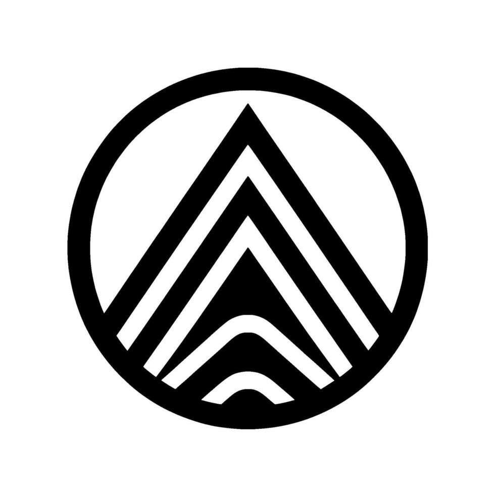 A minimalist monochrome featuring a stylized mountain range enclosed within a black circular border, evoking a sense of strength and elevation. vector