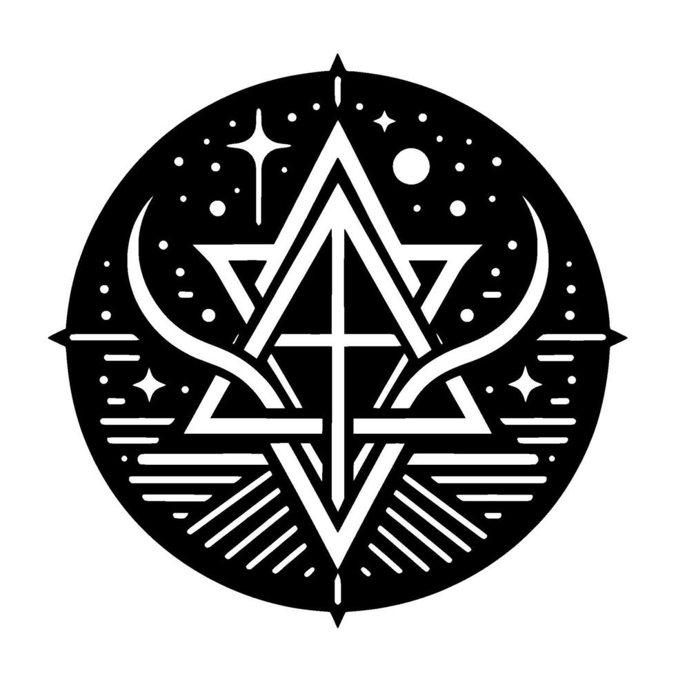 Intricate black and white celestial design, combining a starshaped pentagram, a celestial compass, crescent moon, and starfield background within a circular frame. vector