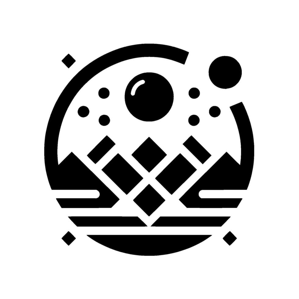 Abstract Black and White Minimalist Symbol Depicting Mountains, Planets, and Geometric within a Circular Frame. vector