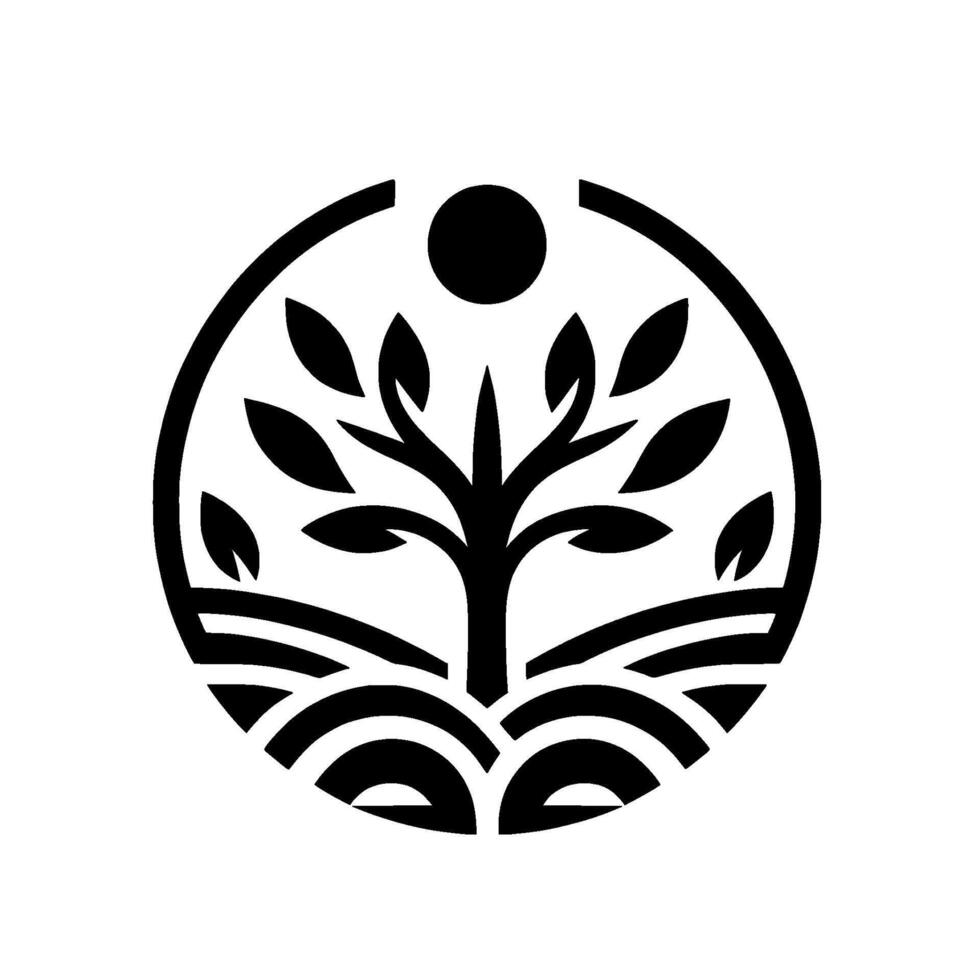 Minimalist Black and White Circular Logo Stylized Tree with Foliage, Sun, and Landscape Elements, Representing Growth and Nature. vector