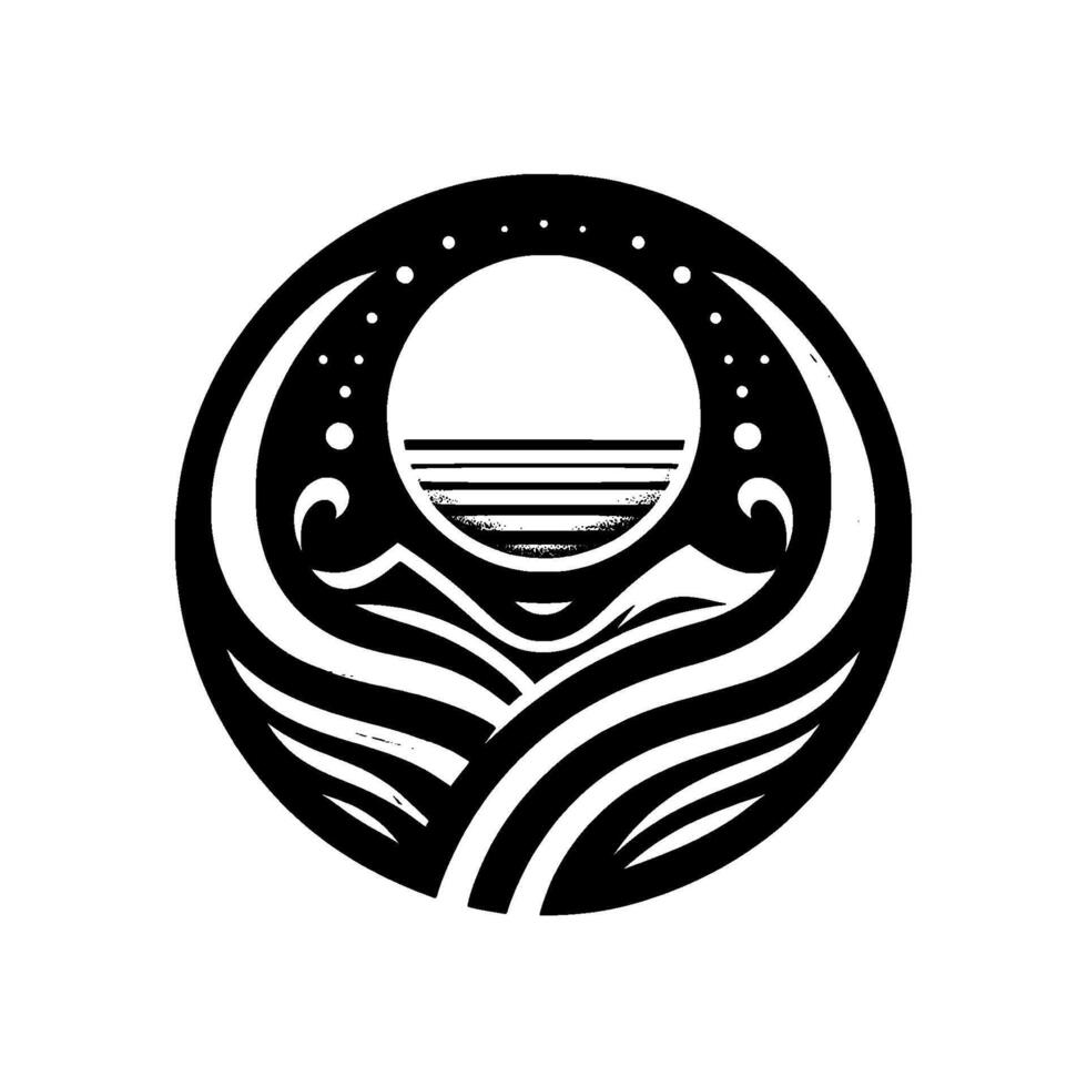 Circular Black and White Depicting Mountains, Waves, Sunset, and Stars A Modern, Minimalist Design. vector
