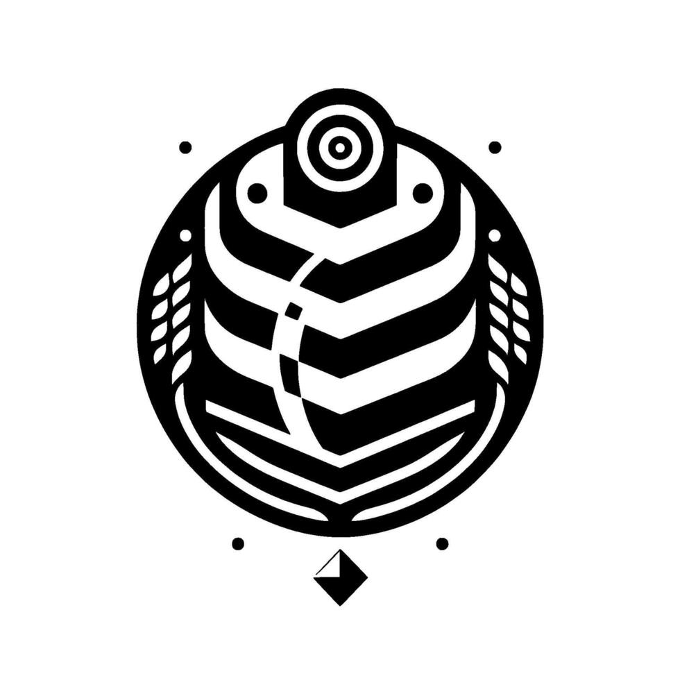 A geometric, black and white abstract design, featuring a stylized central form, with a targetlike element and wheatlike accents within a circular frame, on a white background. vector