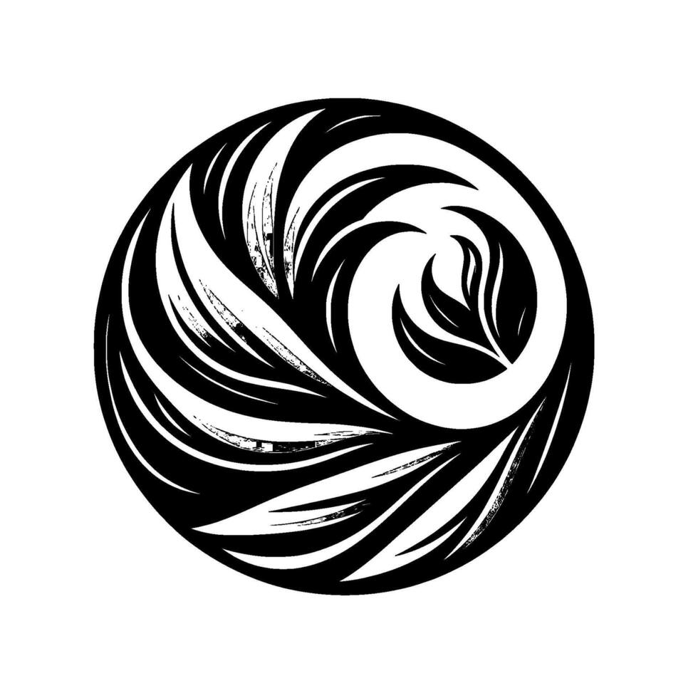 A minimalist, monochromatic, stylized spiral composition, of organic shapes resembling stylized leaves, arranged within a circle against a stark white background, evoking natural elegance. vector