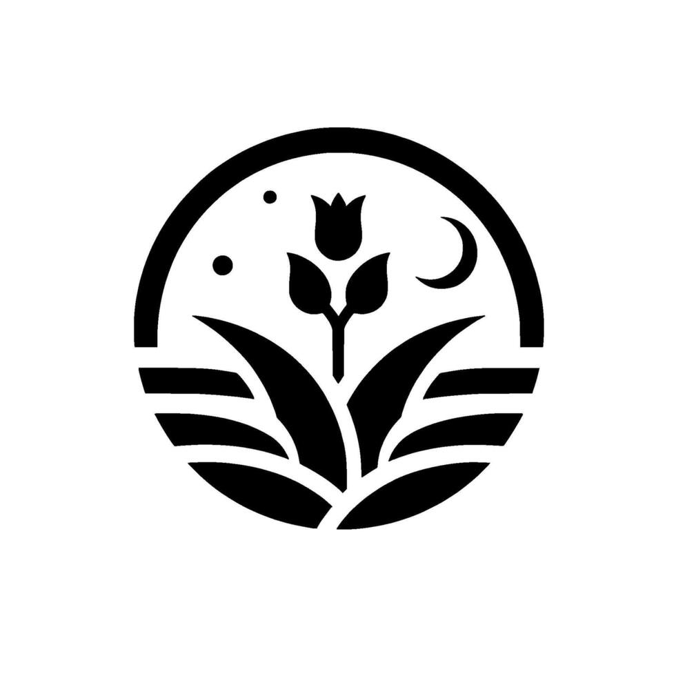 Monochromatic floral emblem within a circle depicting a stylized tulip, grass, crescent moon, and stars against a bright white background. vector