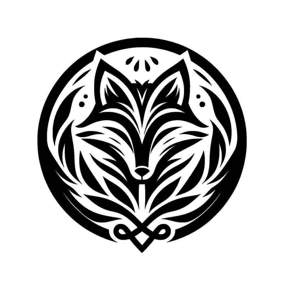 Intricate, symmetrical black and white illustration of a stylized fox head within a circular frame, featuring leaflike patterns and decorative elements. vector