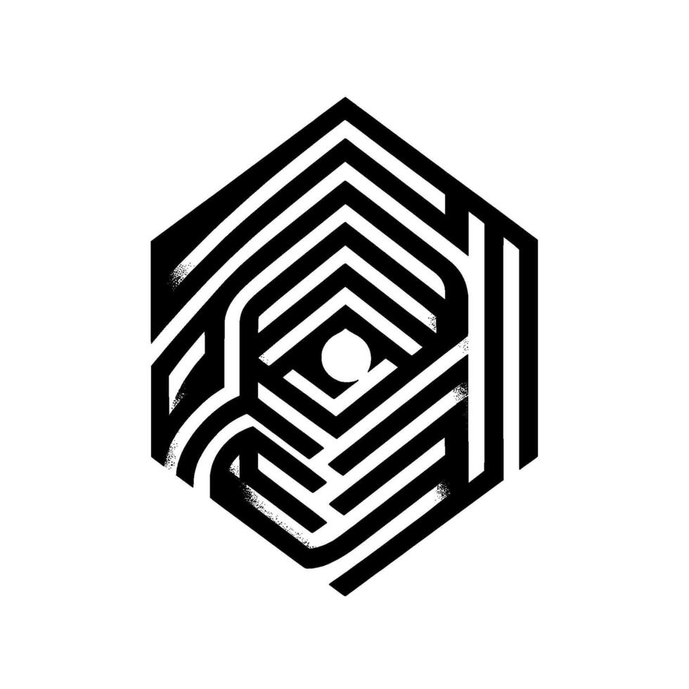 Geometric Black and White Hexagon Abstract, Labyrinthine with a Central Dot, Gradients, and Modern Aesthetic. vector