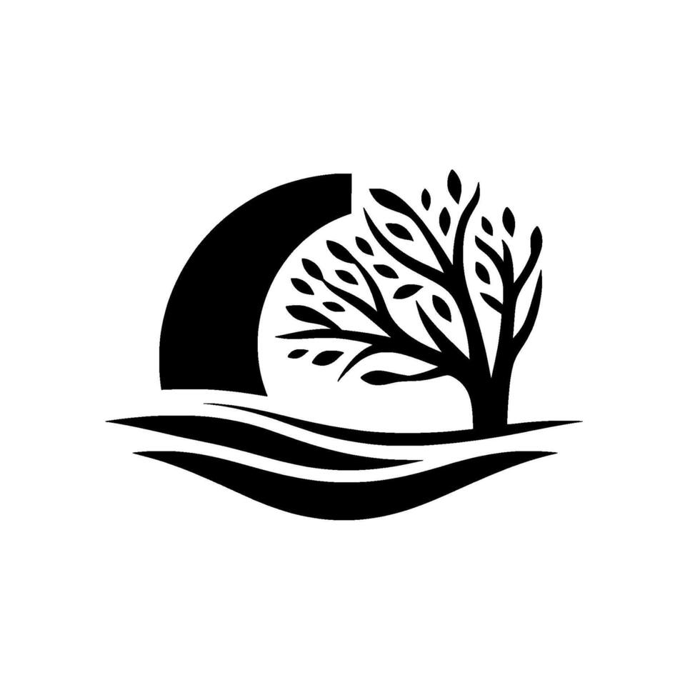 A stylized minimalist depicting a tree with leaves, placed within a semicircular form representing the sun or a backdrop, atop wavy lines symbolizing land or water. vector