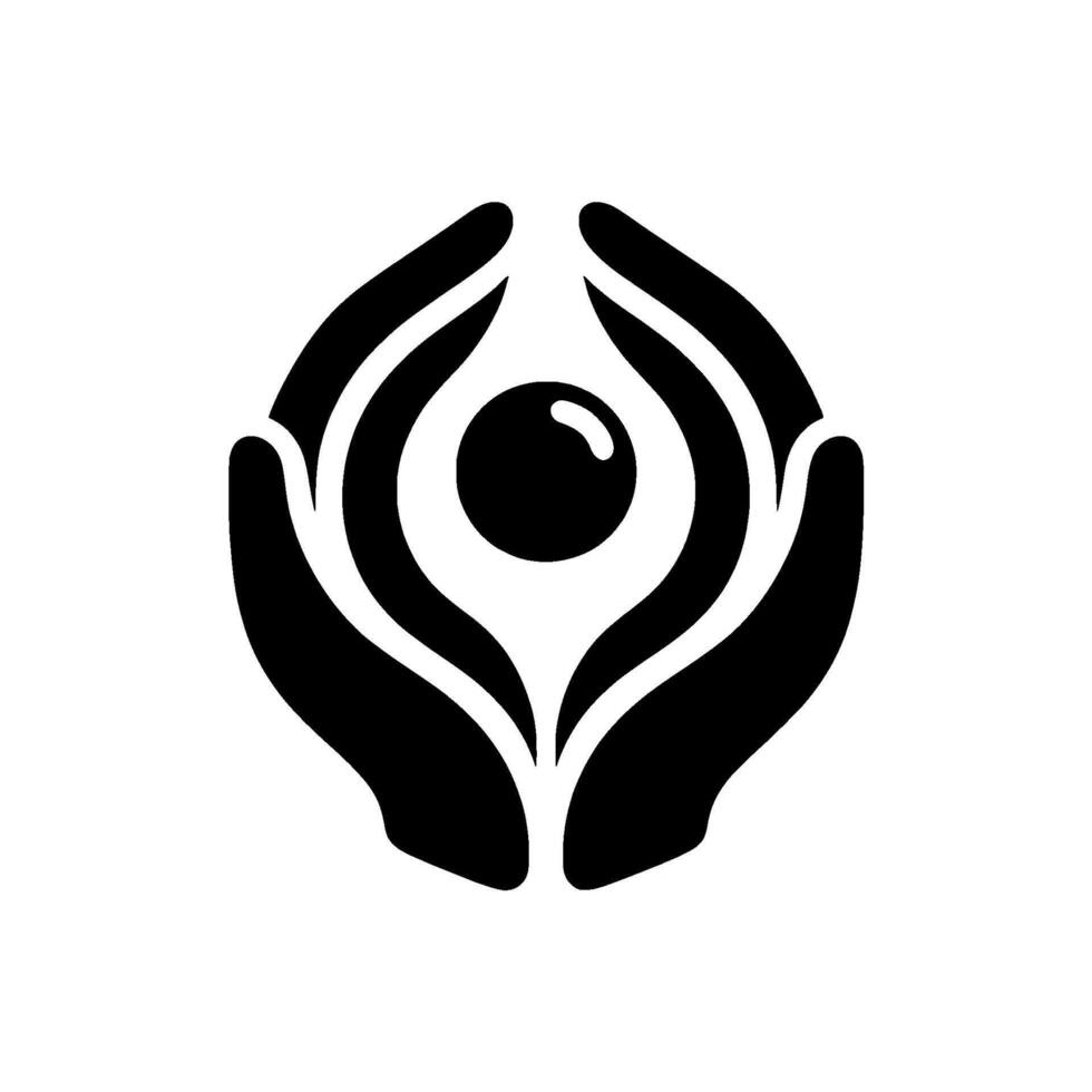 Minimalist Black and White Logo Cupped Hands Enclosing a Sphere, Symbolizing Protection and Nurturing on White Background. vector