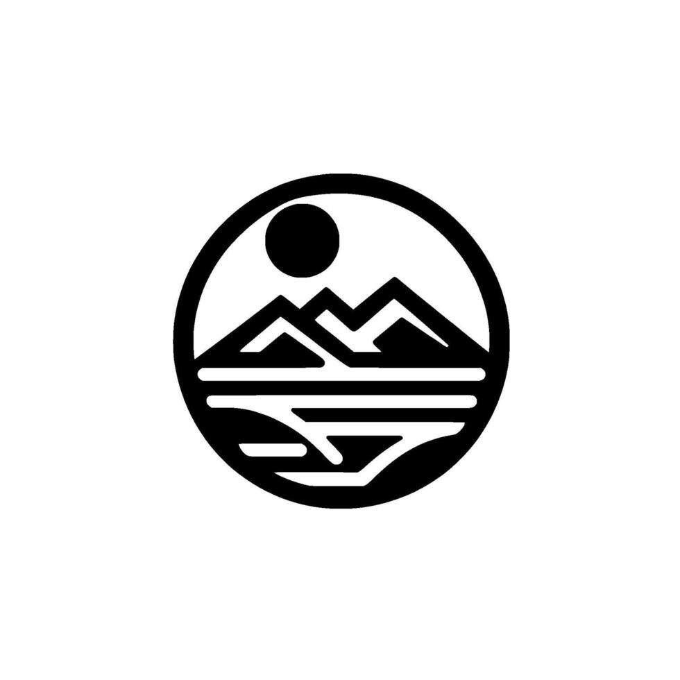 Minimalist black and white circular depicting mountains reflecting in water under a sun, evoking nature. vector