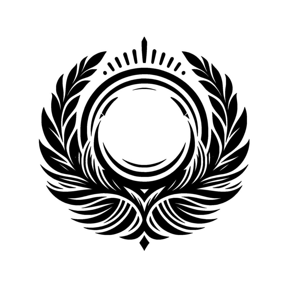 Symmetrical Black and White Emblem Featuring Laurel Wreath, Circular Design, and Pointed Top. vector