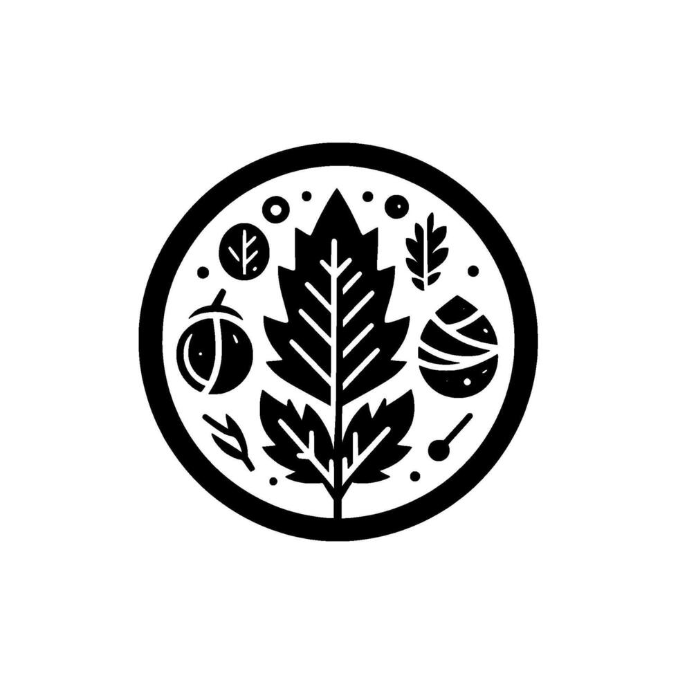 Circular black and white illustration featuring a central maple leaf, surrounded by stylized elements of nature within a bold outline. vector