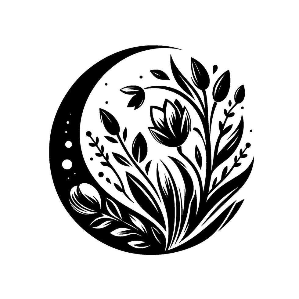 An elegant, minimalist floral illustration of a stylized moon cradling black and white botanical elements, conveying a sense of calm and natural beauty. vector