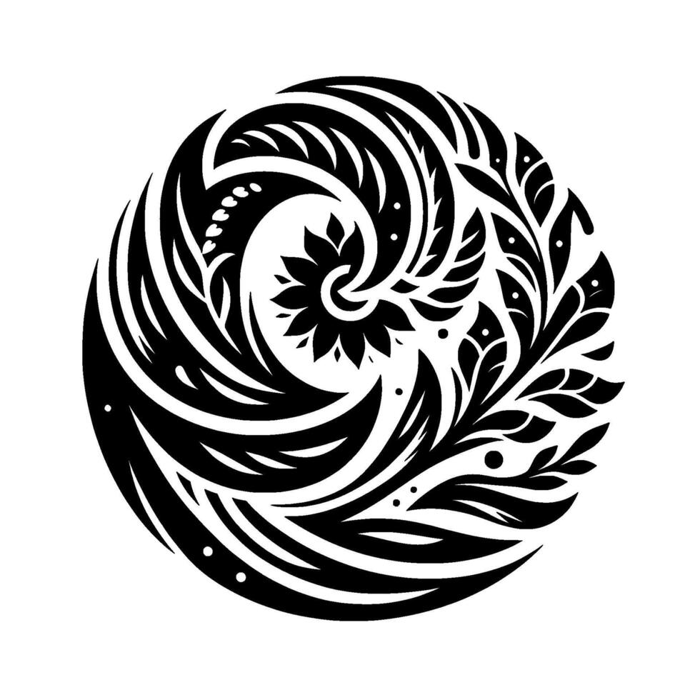 Circular Black and White Floral Mandala Featuring a Central Flower and Leafy, Swirling Patterns, Isolated on White. vector