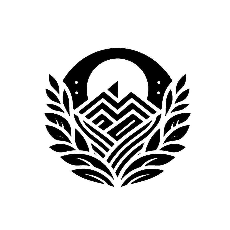 Ornate Black and White Emblem Geometric Mountain within a Circular Frame, Flanked by Laurel Leaves, on a White Background. vector