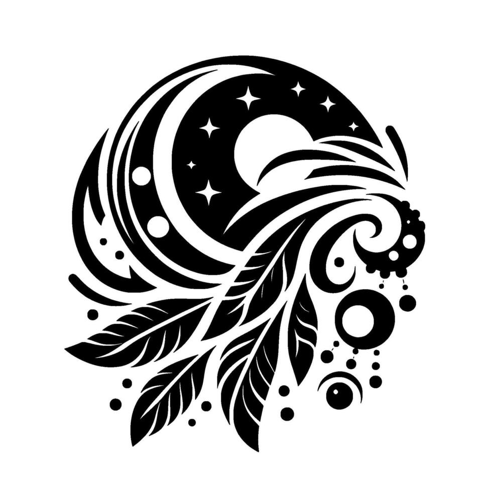 Black and white circular dream catcher with feathers, moon, stars, and swirling elements, representing night and dreams. vector