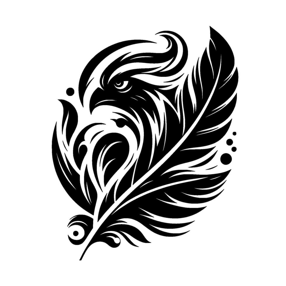 A bold, black and white depicting an eagles head intertwined within the intricate form of a feather, rendered in a stylized, flowing art style. vector