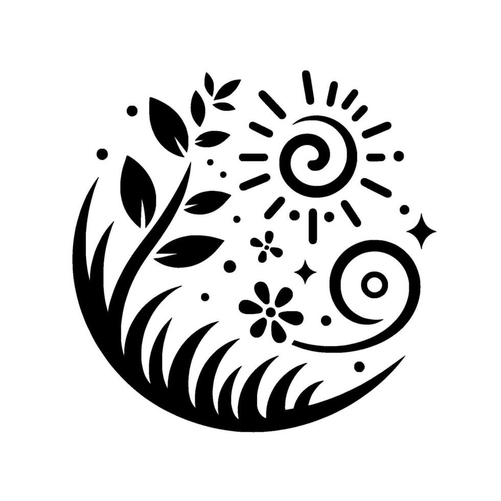 Black and White Circular Illustration Depicting Natures Harmony Sun, Leaves, Flowers, and Spirals in a Minimalist Design. vector