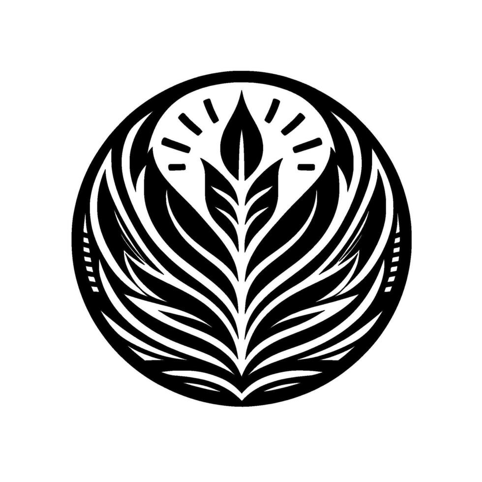A stylized black and white circular emblem of a budding plant, radiating outwards, with linear accents, evoking growth and light. vector