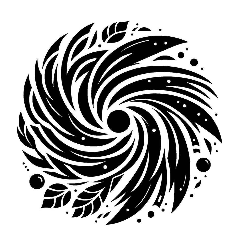 Intricate Black and White Circular Featuring Swirling Lines, Leaf Motifs, and Dot Accents. vector