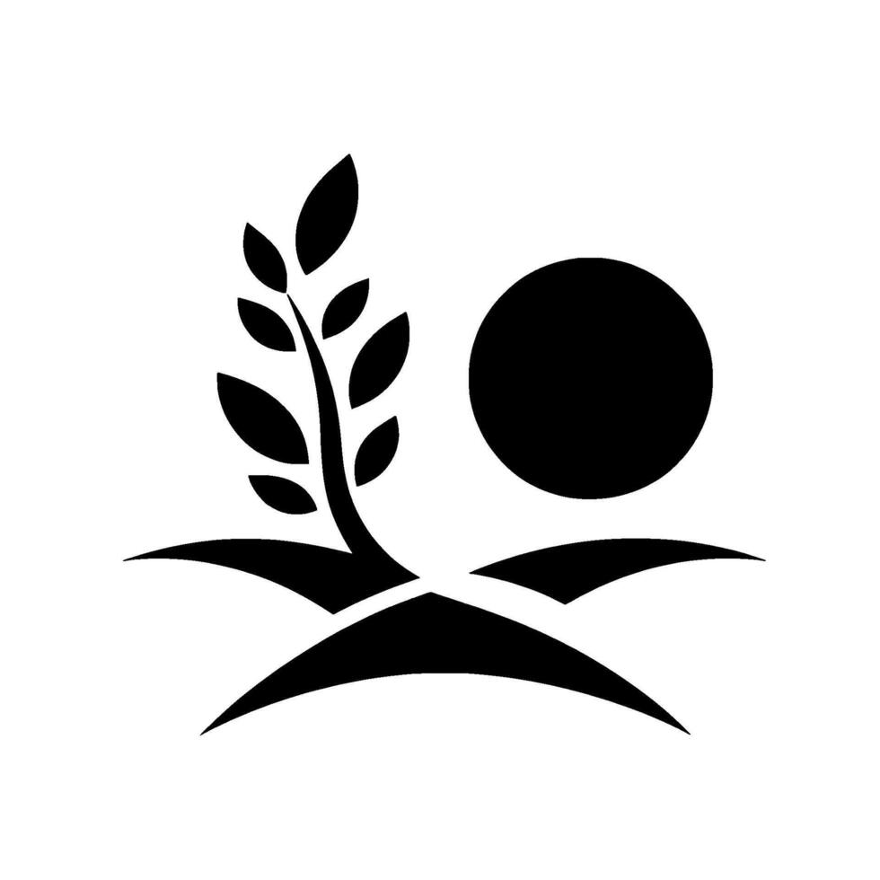 A stylized, minimalist black and white depiction of a plant reaching towards a large sun, over stylized land. vector