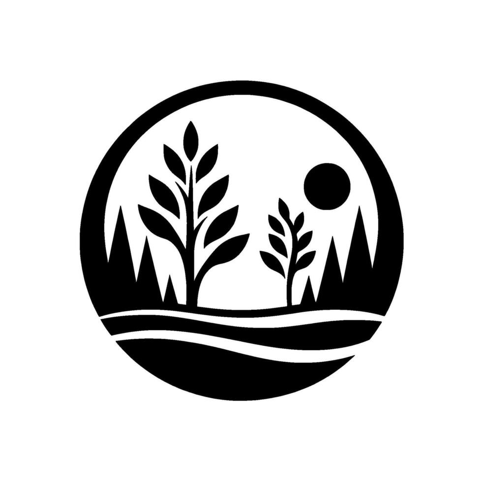 A stylized minimalist landscape within a circular frame, featuring silhouetted trees, distant peaks, a sun, and a flowing ground line. vector
