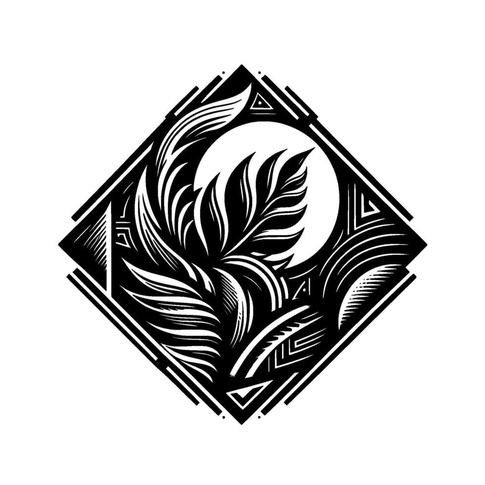Geometric Floral Design, Black and White Composition of Leaves, Circle and Diamond Frame. vector